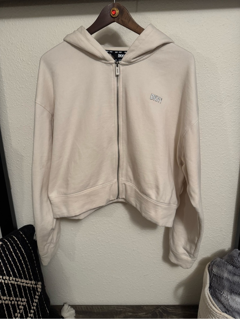 DKNY Cream Zip-Up Hooded cropped  Sweatshirt